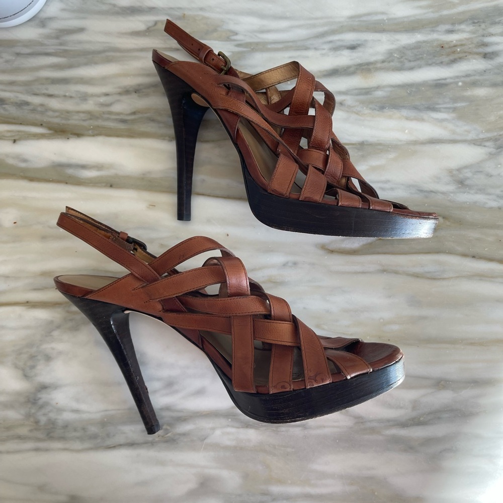 🤍 Stuart Weitzman brown saddle leather strappy platform slingback heels sz 9